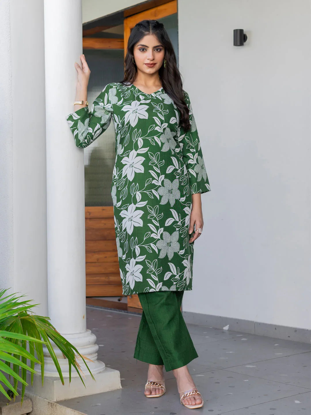Cotton Blend Printed Kurti Pant Set for Women – Dark Green - Evara Clothes