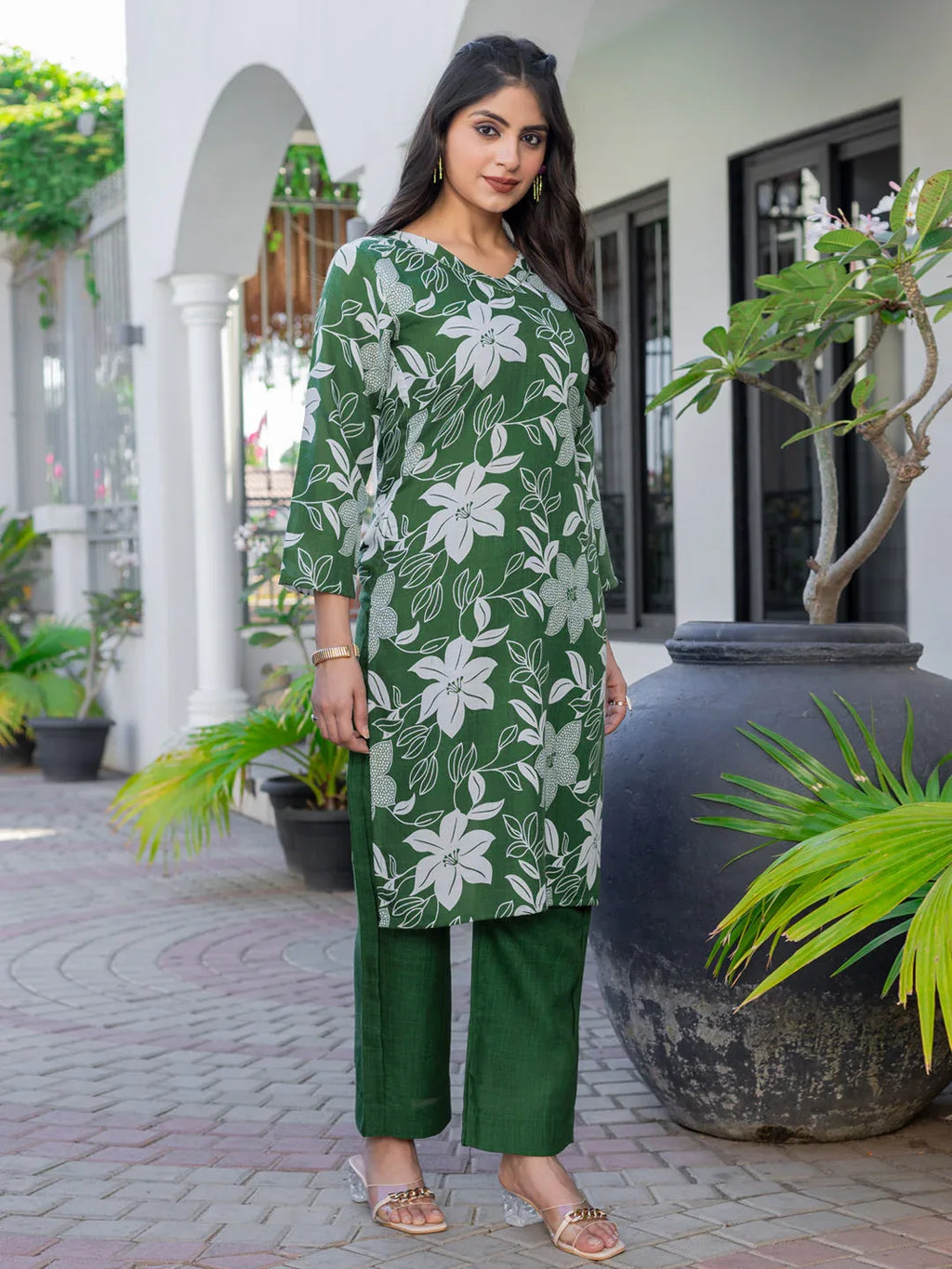 Cotton Blend Printed Kurti Pant Set for Women – Dark Green - Evara Clothes