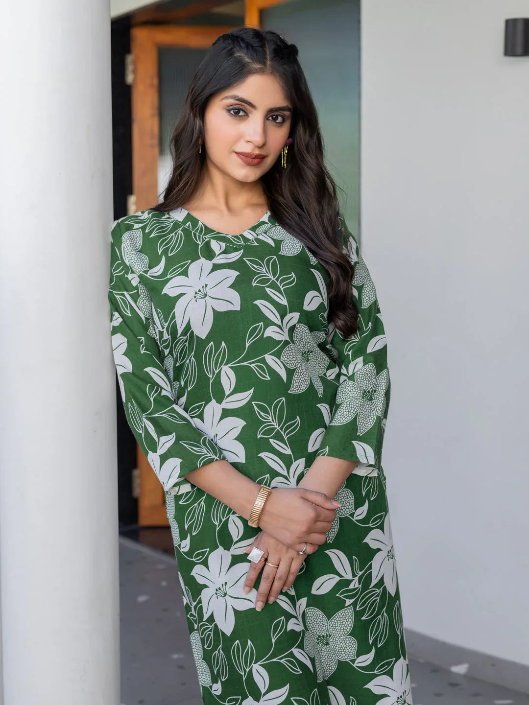 Cotton Blend Printed Kurti Pant Set for Women – Dark Green - Evara Clothes