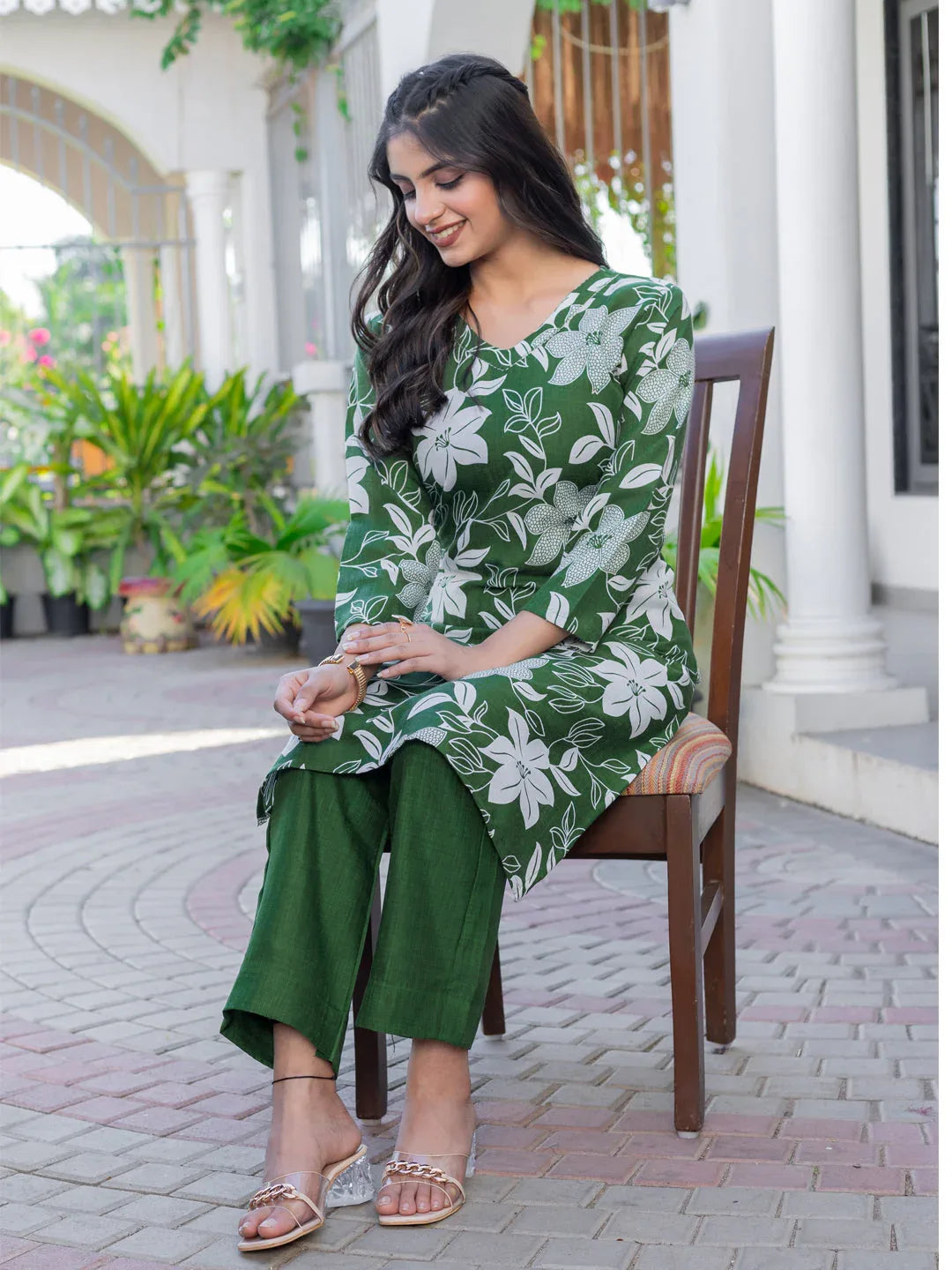 Cotton Blend Printed Kurti Pant Set for Women – Dark Green - Evara Clothes