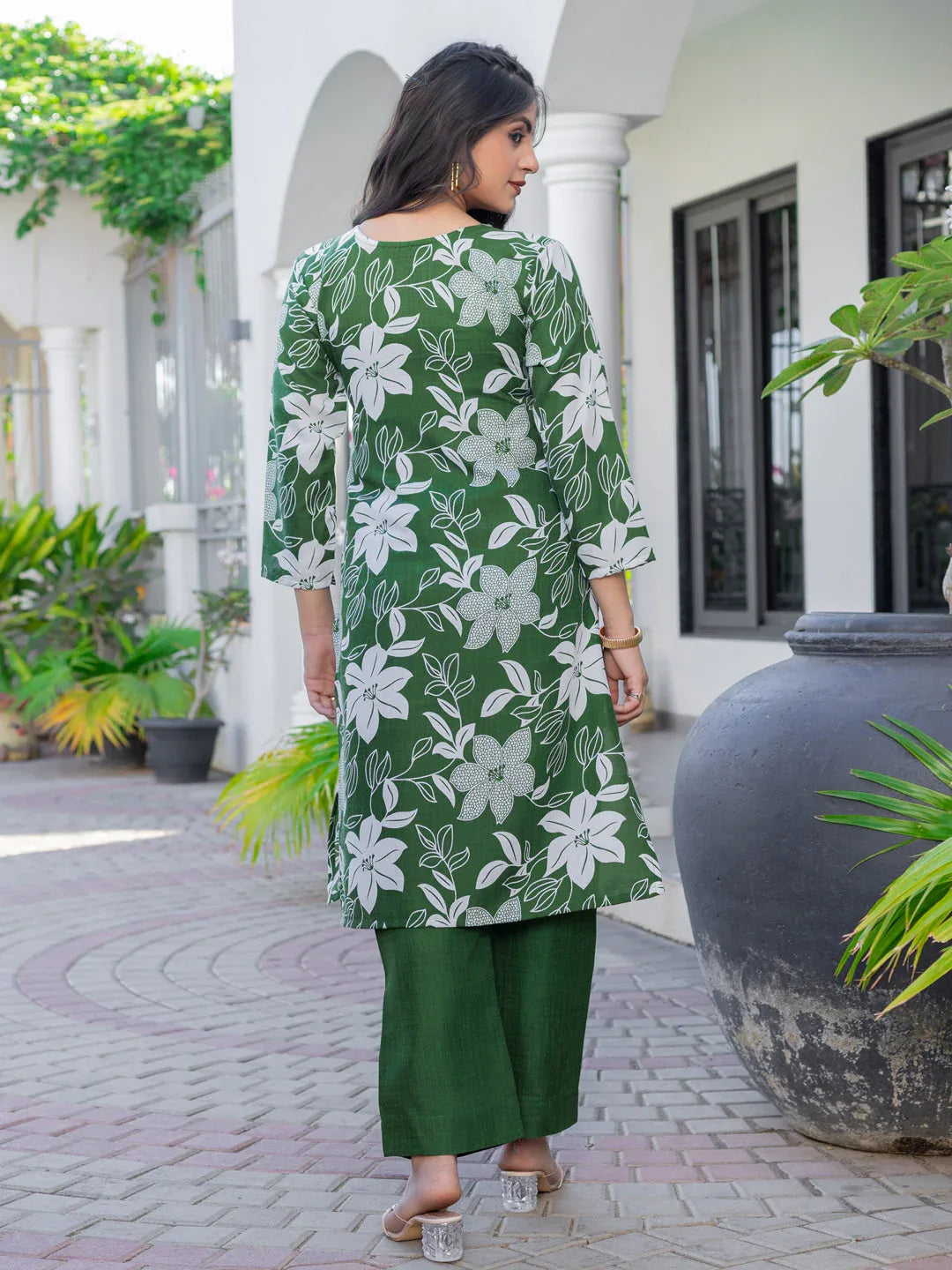 Cotton Blend Printed Kurti Pant Set for Women – Dark Green - Evara Clothes