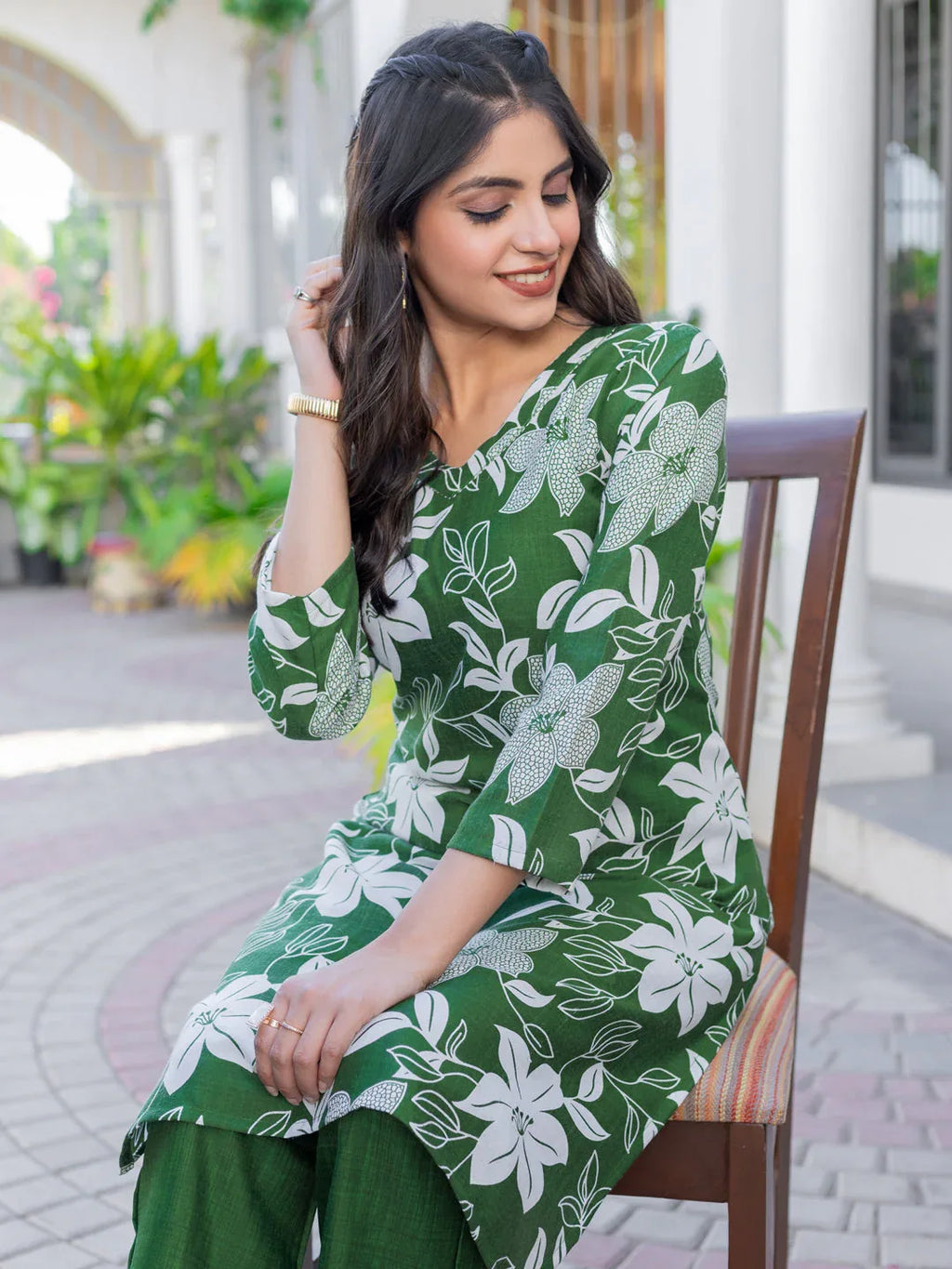 Cotton Blend Printed Kurti Pant Set for Women – Dark Green - Evara Clothes