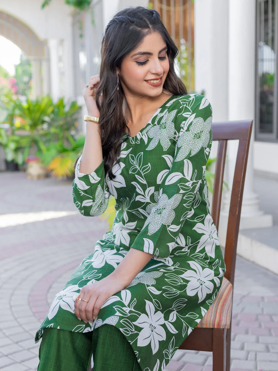Cotton Blend Printed Kurti Pant Set for Women – Dark Green - Evara Clothes