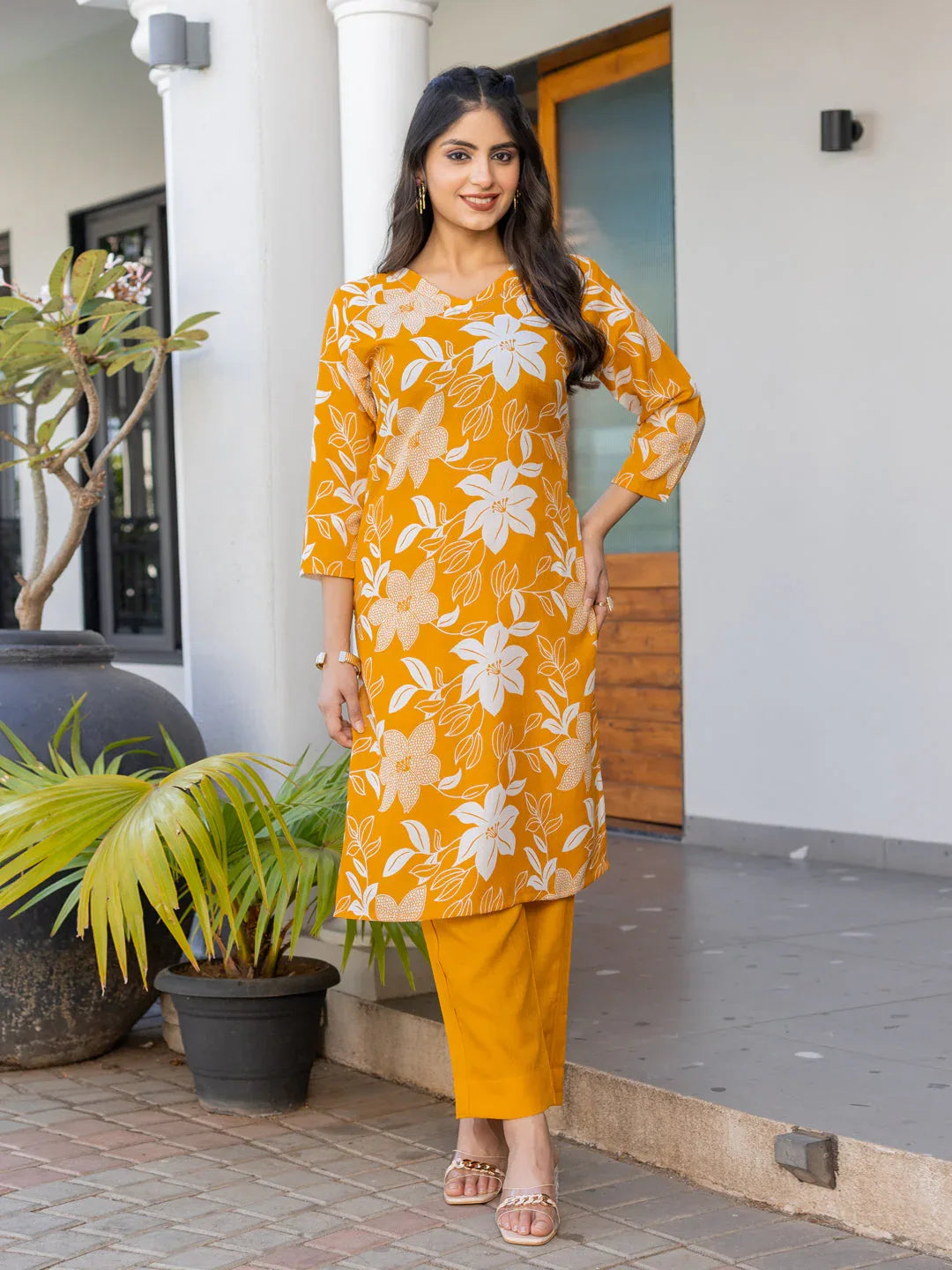 Cotton Blend Printed Kurti Pant Set for Women – Yellow - Evara Clothes