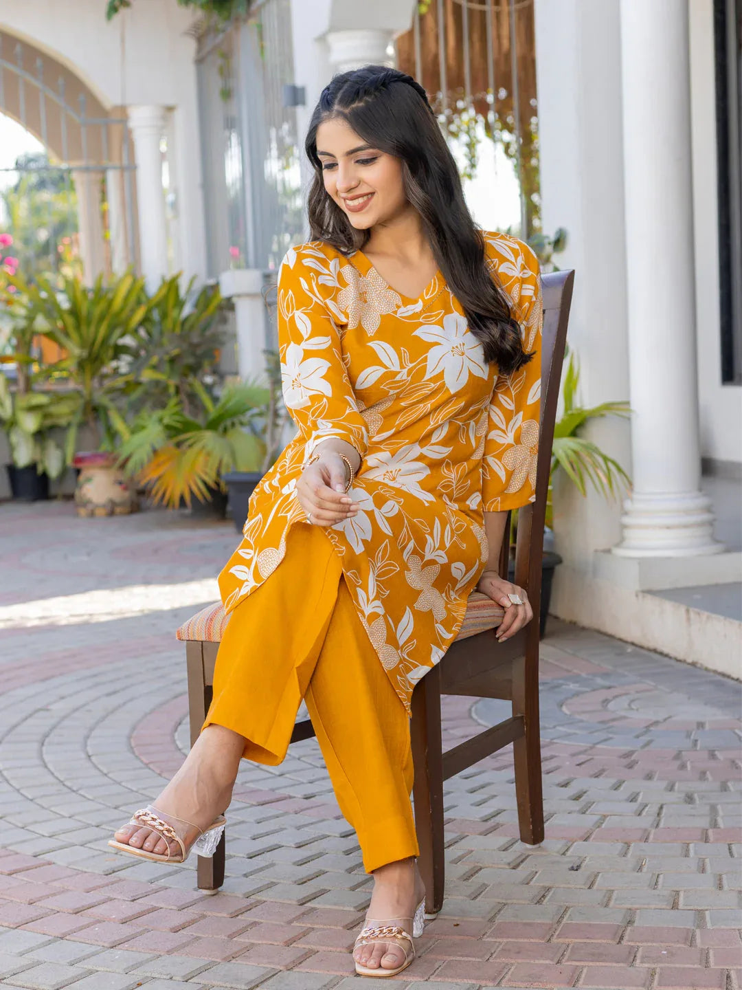 Cotton Blend Printed Kurti Pant Set for Women – Yellow - Evara Clothes