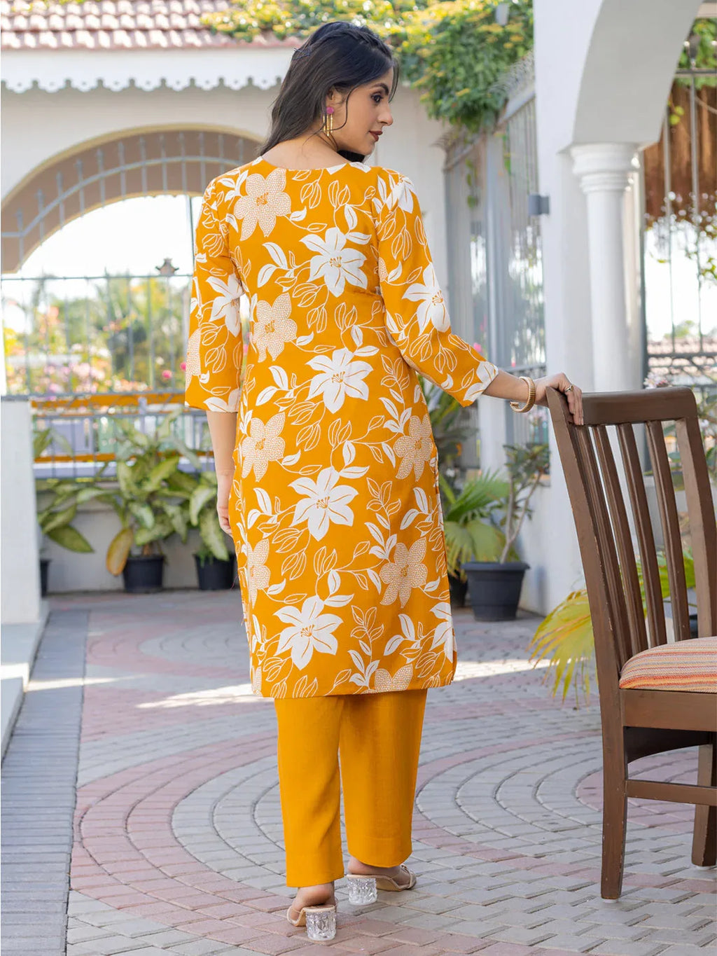 Cotton Blend Printed Kurti Pant Set for Women – Yellow - Evara Clothes