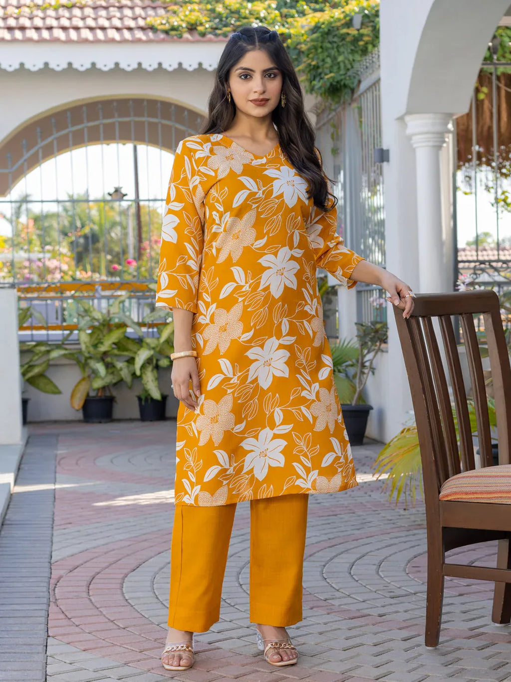 Cotton Blend Printed Kurti Pant Set for Women – Yellow - Evara Clothes