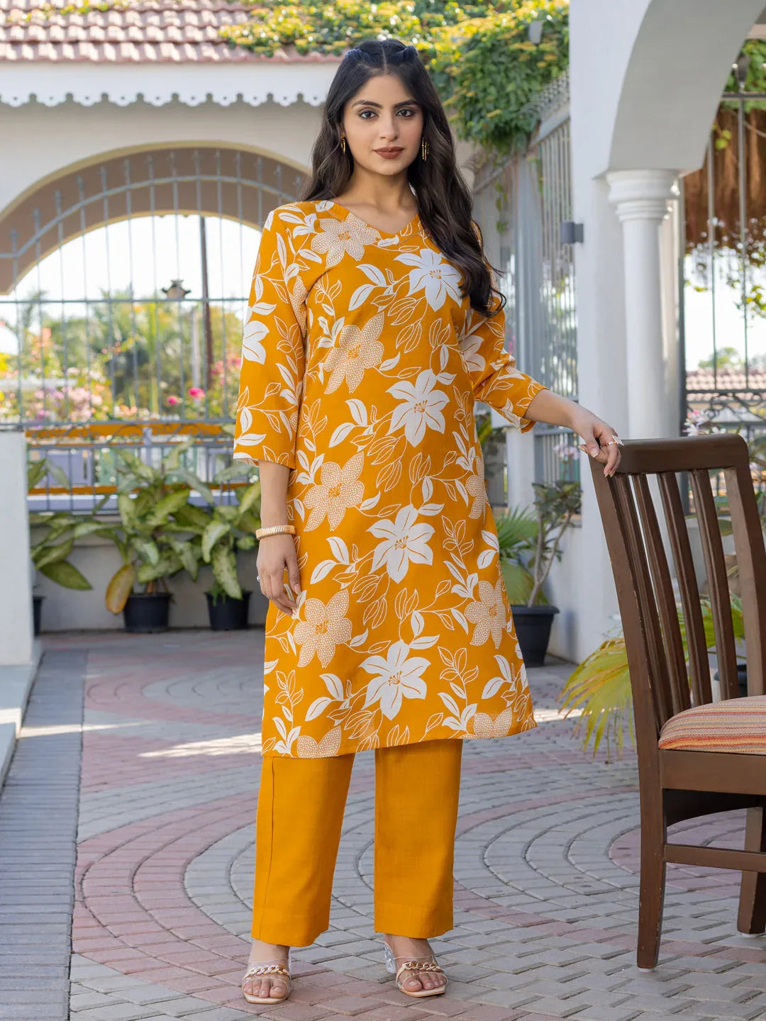 Cotton Blend Printed Kurti Pant Set for Women – Yellow - Evara Clothes