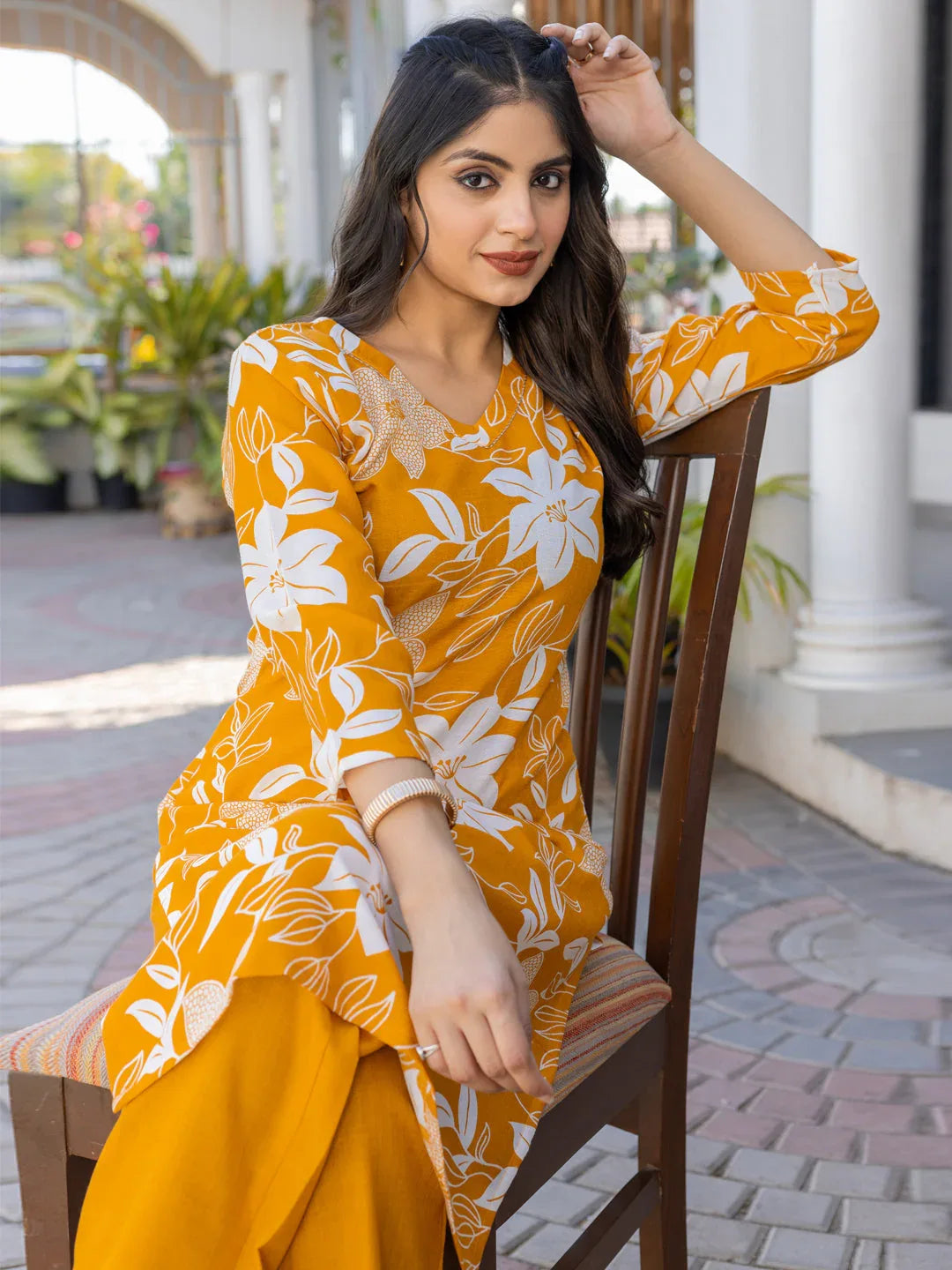 Cotton Blend Printed Kurti Pant Set for Women – Yellow - Evara Clothes