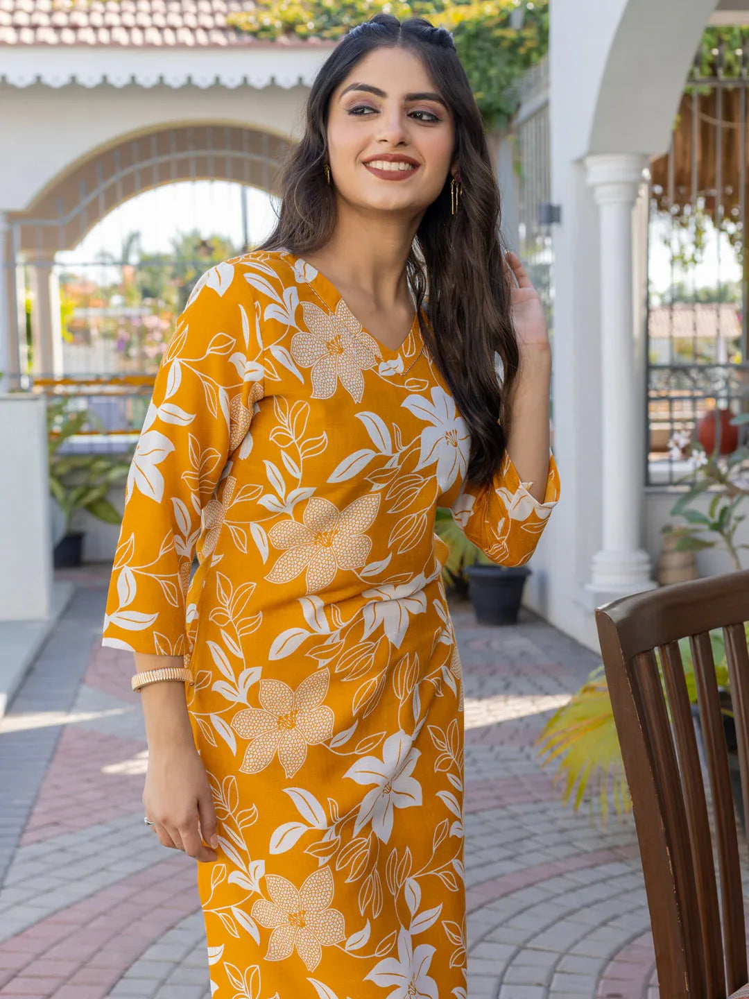 Cotton Blend Printed Kurti Pant Set for Women – Yellow - Evara Clothes