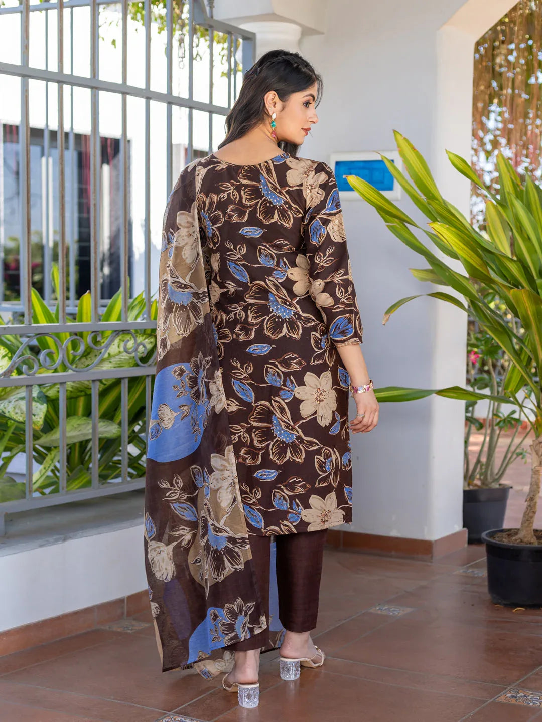 Cotton Blend Printed Kurti Pant Dupatta Set for Women – Coffe - Evara Clothes