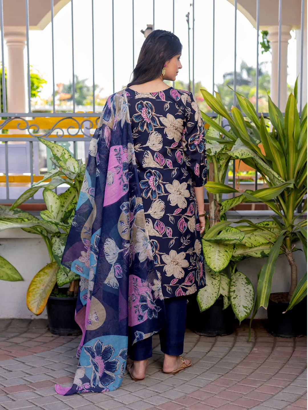 Cotton Blend Printed Kurti Pant Dupatta Set for Women – Navy Blue - Evara Clothes