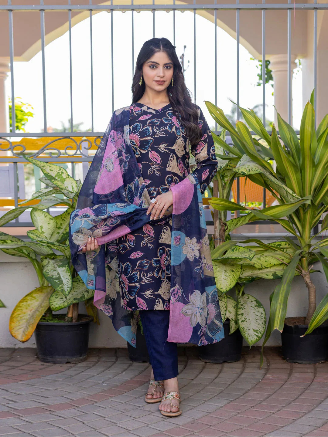 Cotton Blend Printed Kurti Pant Dupatta Set for Women – Navy Blue - Evara Clothes