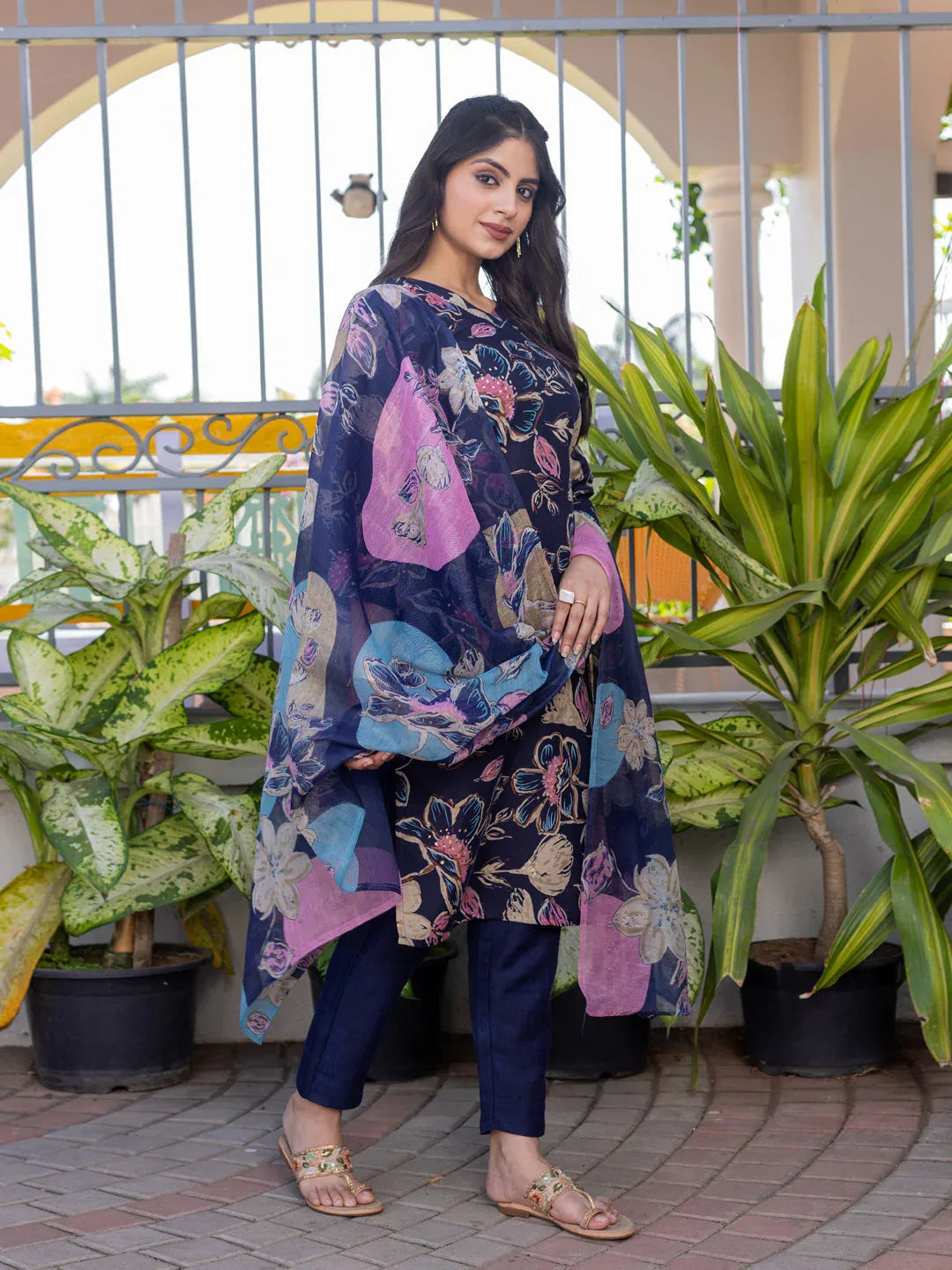 Cotton Blend Printed Kurti Pant Dupatta Set for Women – Navy Blue - Evara Clothes