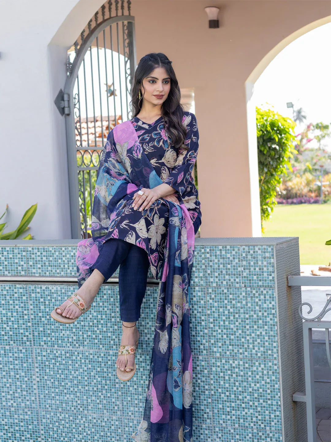 Cotton Blend Printed Kurti Pant Dupatta Set for Women – Navy Blue - Evara Clothes