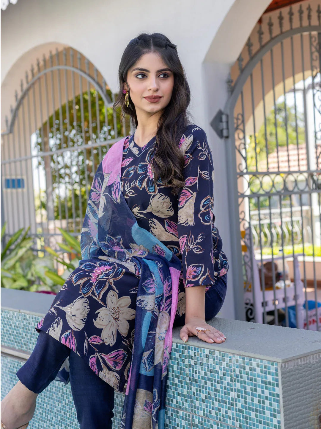 Cotton Blend Printed Kurti Pant Dupatta Set for Women – Navy Blue - Evara Clothes