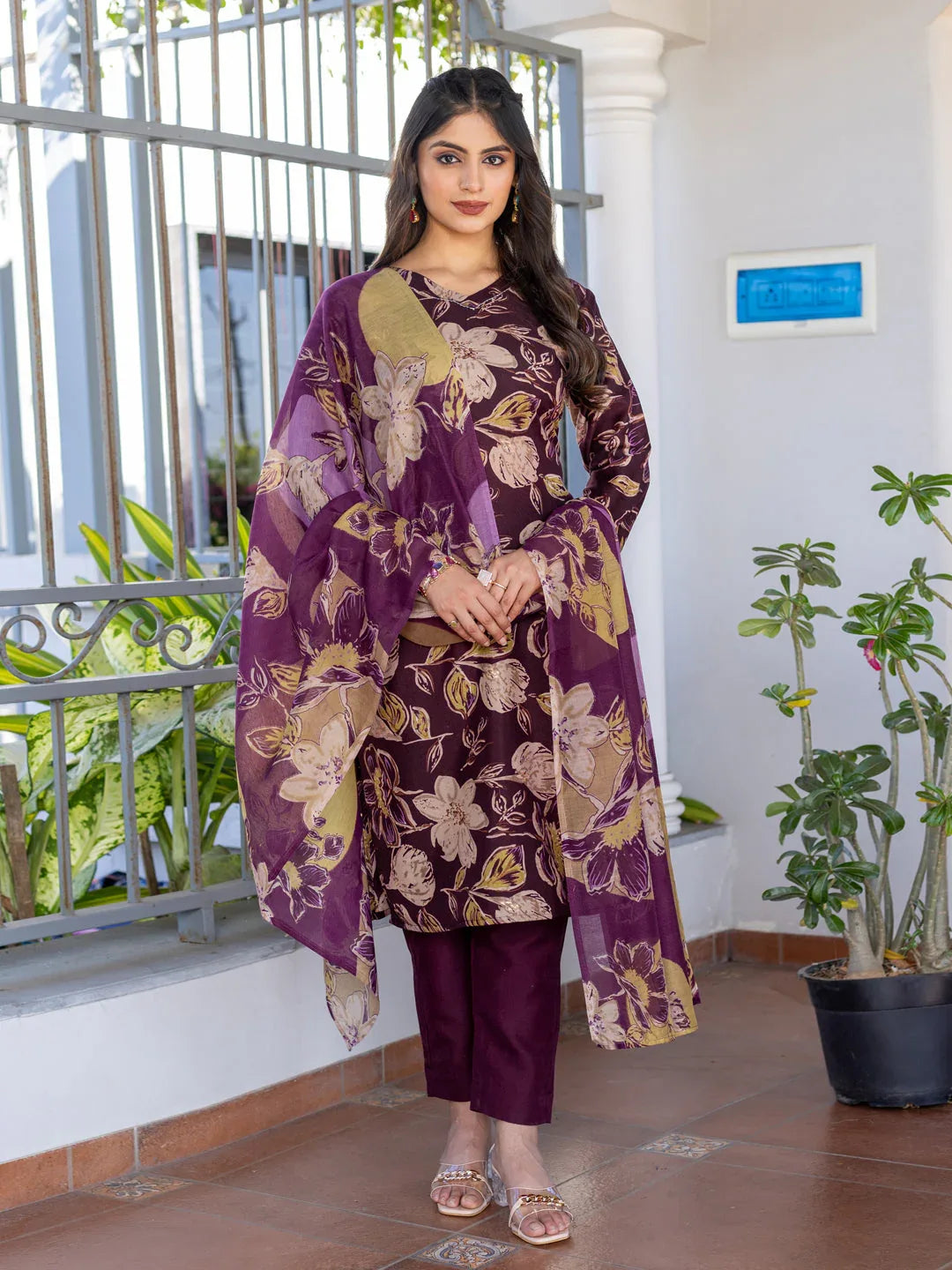 Cotton Blend Printed Kurti Pant Dupatta Set for Women – Purple - Evara Clothes