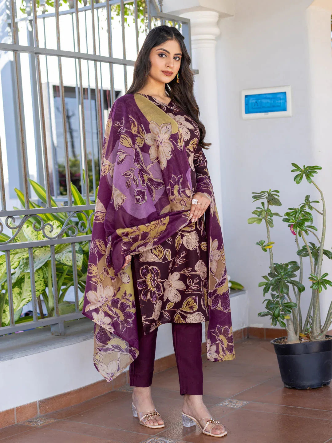 Cotton Blend Printed Kurti Pant Dupatta Set for Women – Purple - Evara Clothes