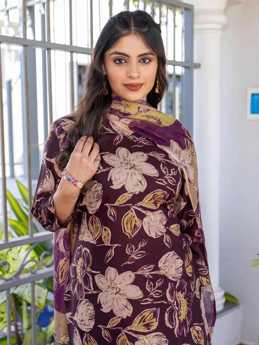 Cotton Blend Printed Kurti Pant Dupatta Set for Women – Purple - Evara Clothes