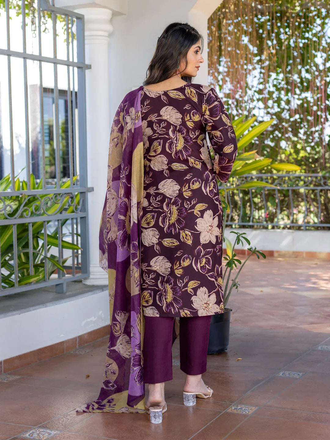 Cotton Blend Printed Kurti Pant Dupatta Set for Women – Purple - Evara Clothes