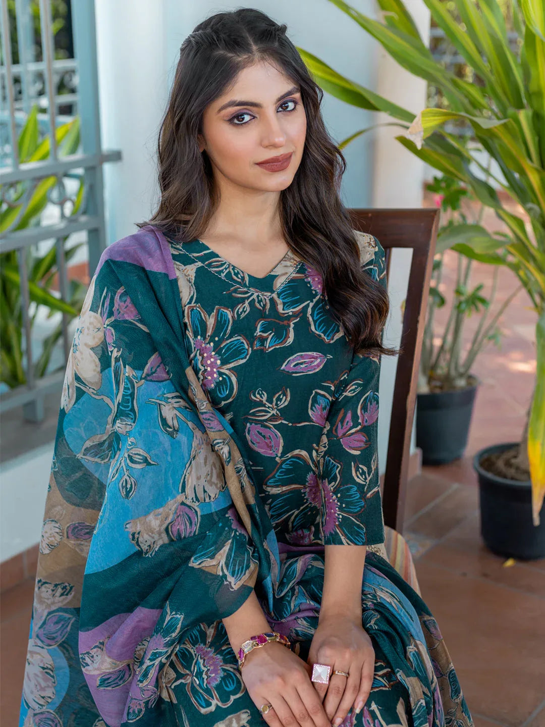 Cotton Blend Printed Kurti Pant Dupatta Set for Women – Rama - Evara Clothes