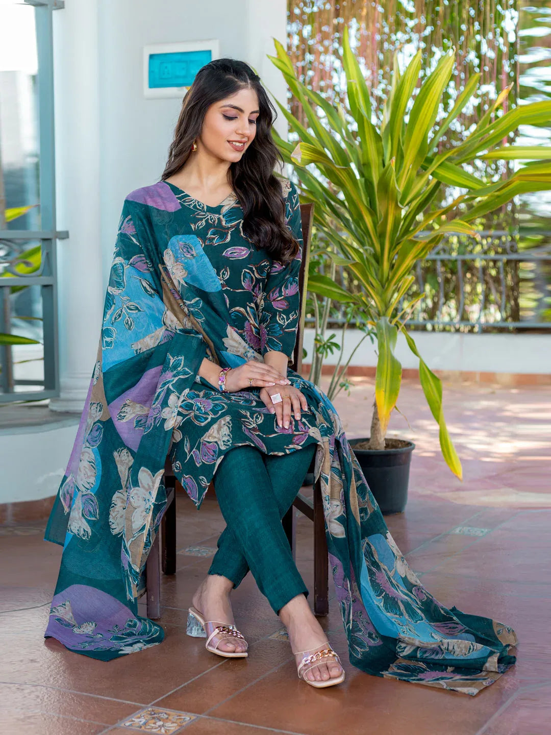 Cotton Blend Printed Kurti Pant Dupatta Set for Women – Rama - Evara Clothes