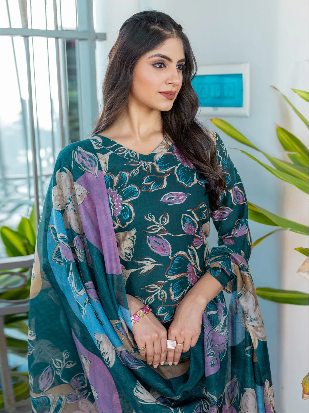 Cotton Blend Printed Kurti Pant Dupatta Set for Women – Rama - Evara Clothes