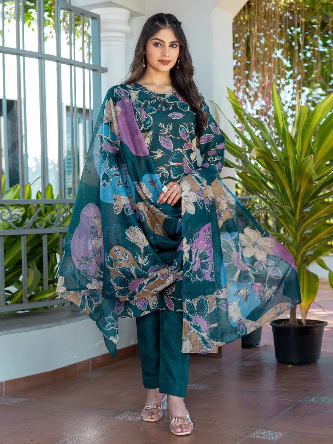 Cotton Blend Printed Kurti Pant Dupatta Set for Women – Rama - Evara Clothes