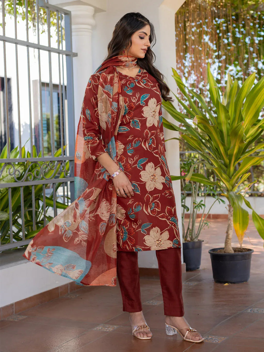 Cotton Blend Printed Kurti Pant Dupatta Set for Women – Rust - Evara Clothes