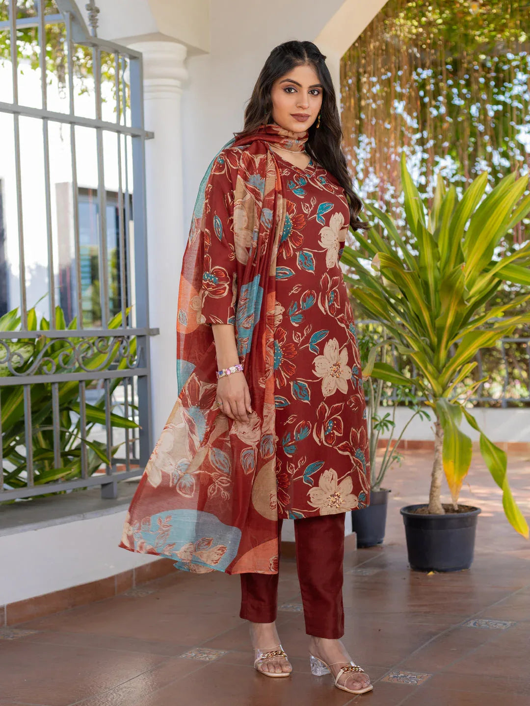 Cotton Blend Printed Kurti Pant Dupatta Set for Women – Rust - Evara Clothes