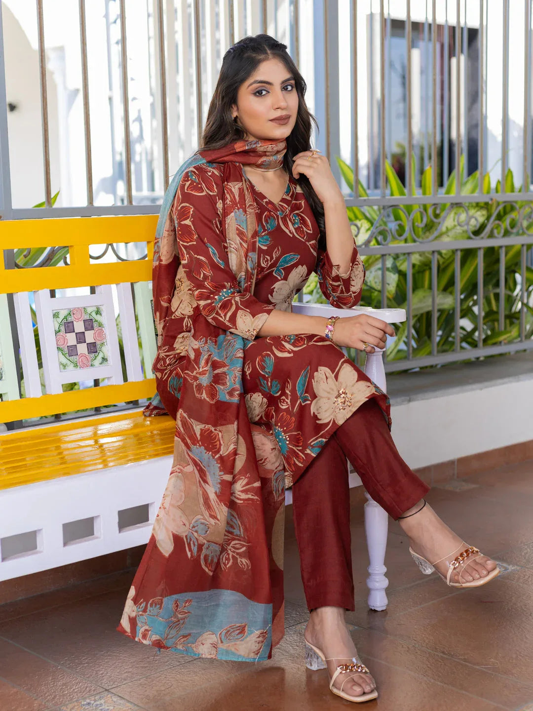 Cotton Blend Printed Kurti Pant Dupatta Set for Women – Rust - Evara Clothes