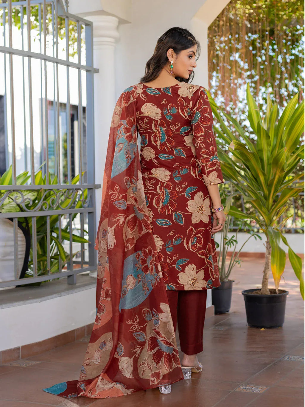 Cotton Blend Printed Kurti Pant Dupatta Set for Women – Rust - Evara Clothes