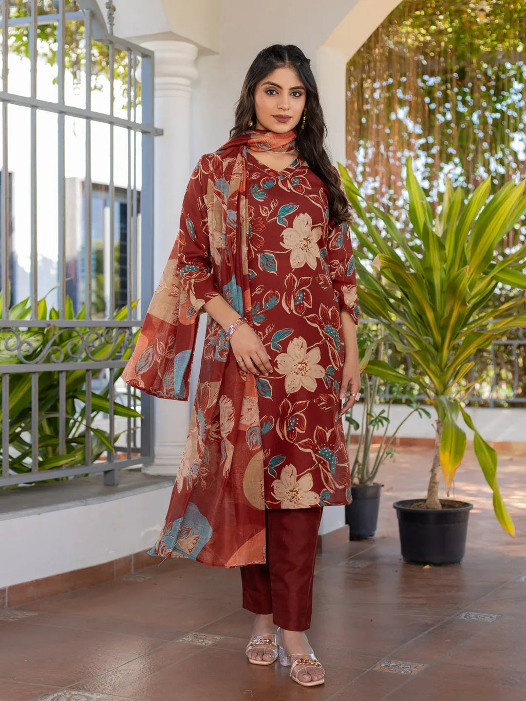 Cotton Blend Printed Kurti Pant Dupatta Set for Women – Rust - Evara Clothes