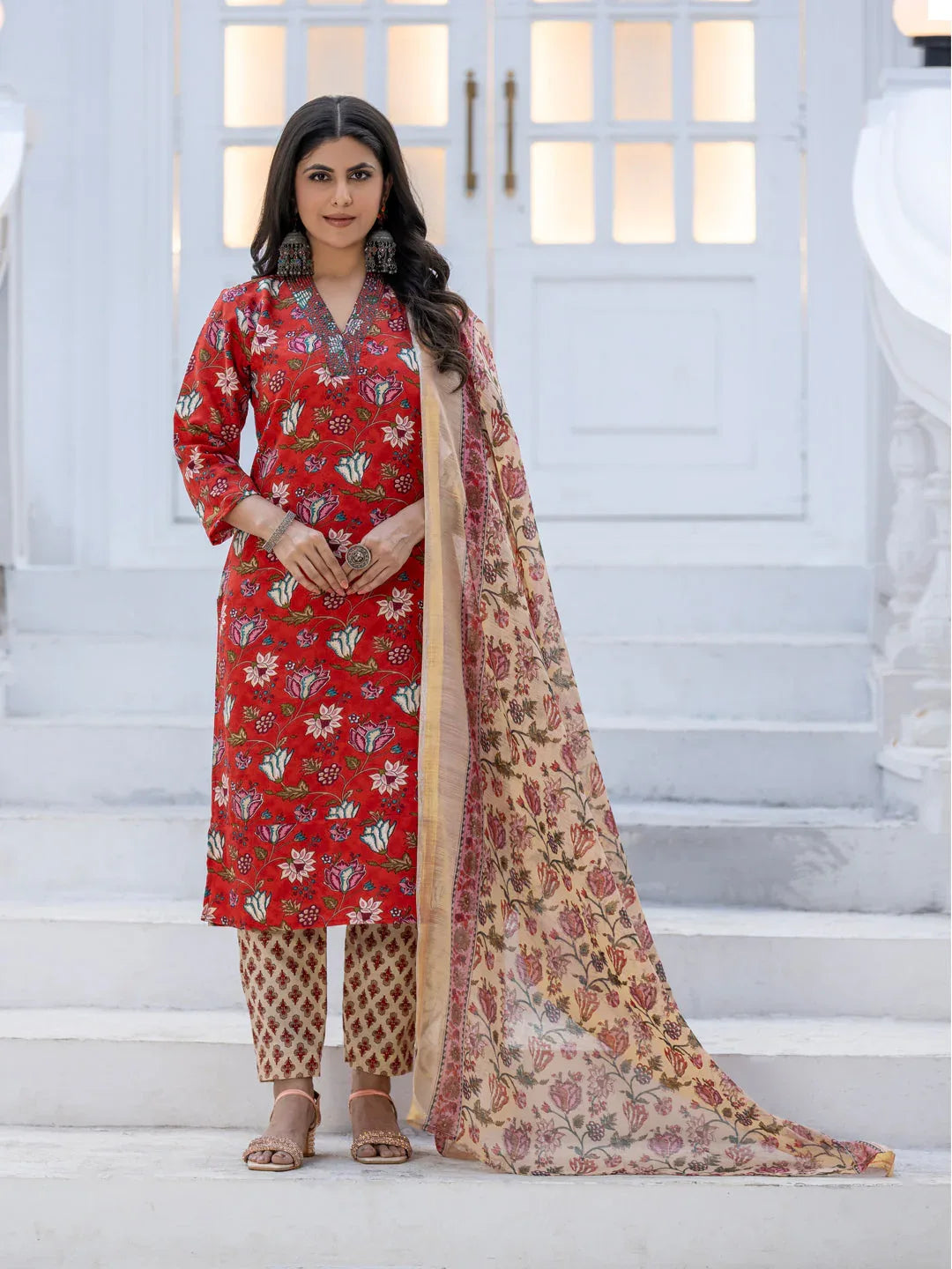 Rayon Printed Kurti Pant Dupatta Set with Thread Work – Red - Evara Clothes