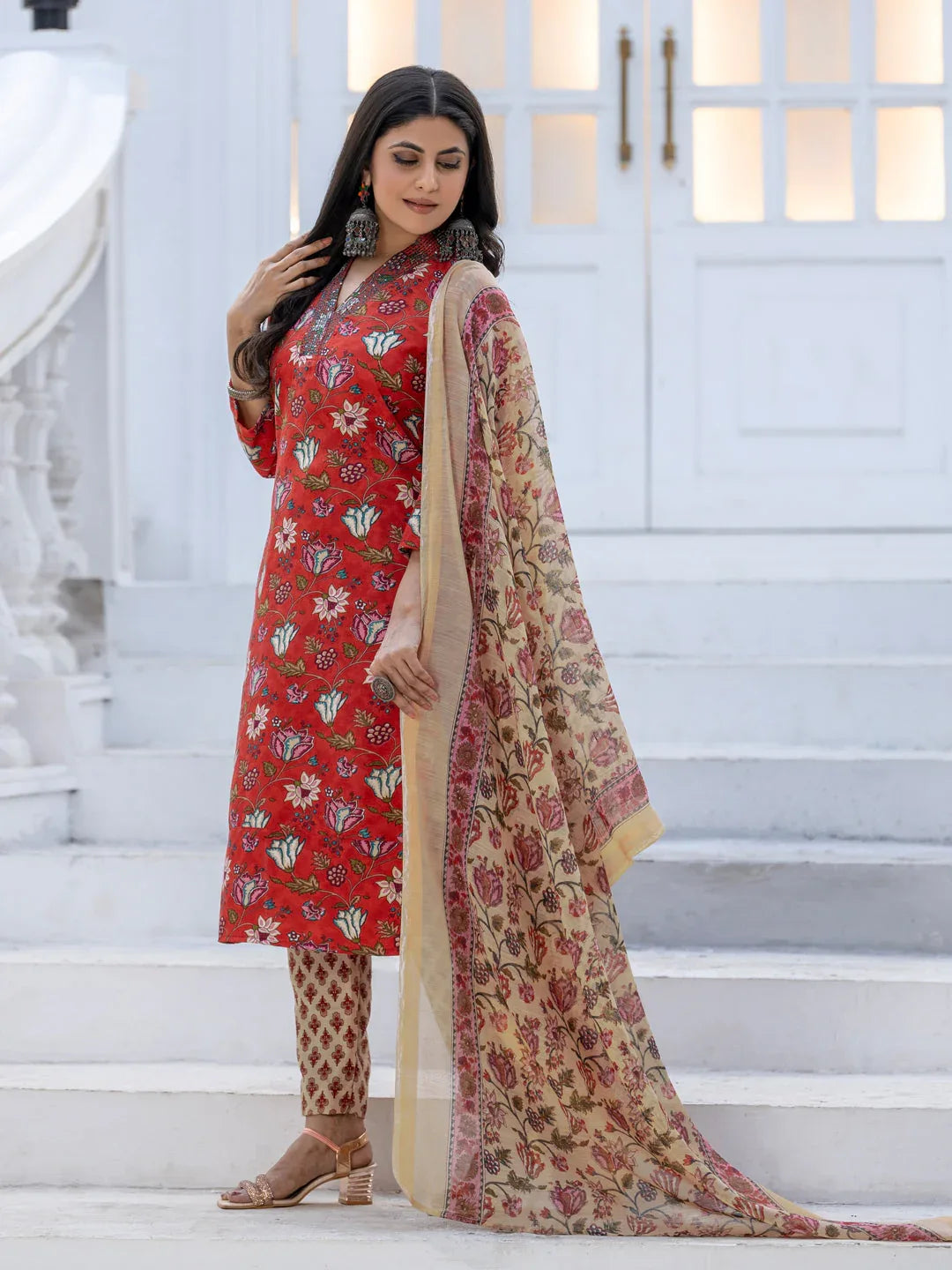 Rayon Printed Kurti Pant Dupatta Set with Thread Work – Red - Evara Clothes