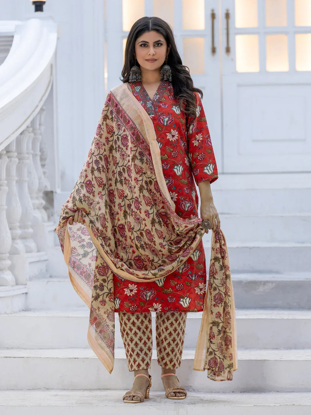 Rayon Printed Kurti Pant Dupatta Set with Thread Work – Red - Evara Clothes