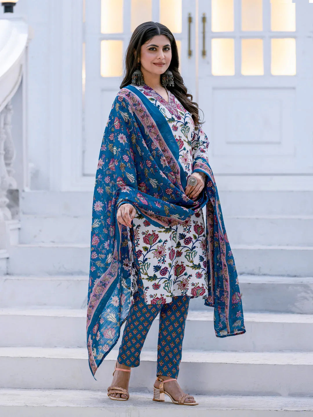 Rayon Printed Kurti Pant Dupatta Set with Thread Work – White - Evara Clothes