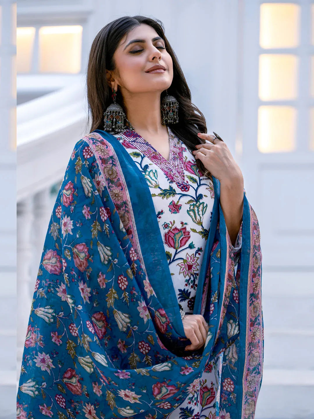 Rayon Printed Kurti Pant Dupatta Set with Thread Work – White - Evara Clothes