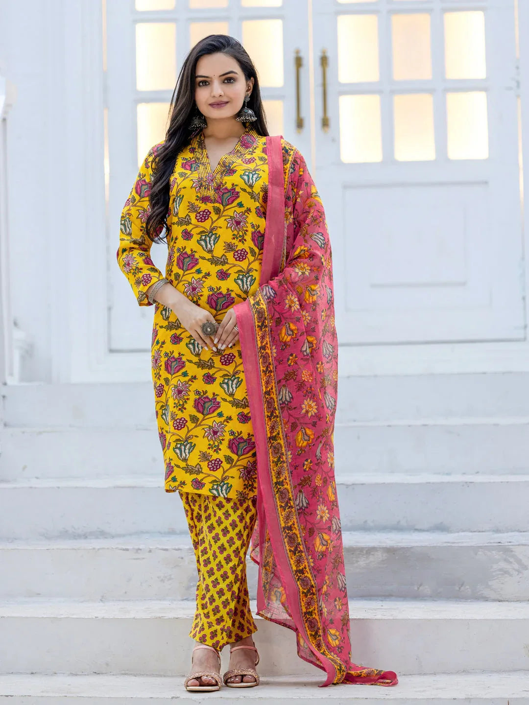 Rayon Printed Kurti Pant Dupatta Set with Thread Work – Yellow - Evara Clothes