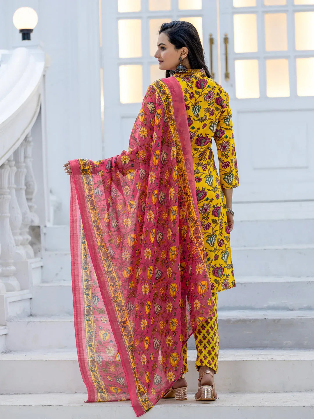 Rayon Printed Kurti Pant Dupatta Set with Thread Work – Yellow - Evara Clothes