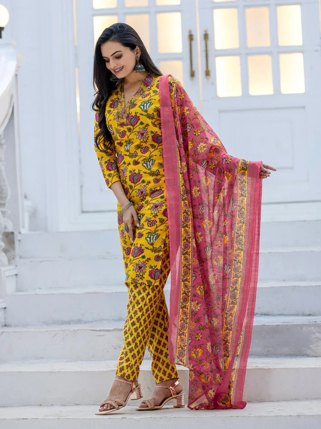 Rayon Printed Kurti Pant Dupatta Set with Thread Work – Yellow - Evara Clothes