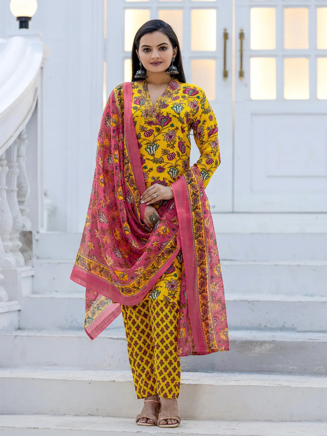 Rayon Printed Kurti Pant Dupatta Set with Thread Work – Yellow - Evara Clothes