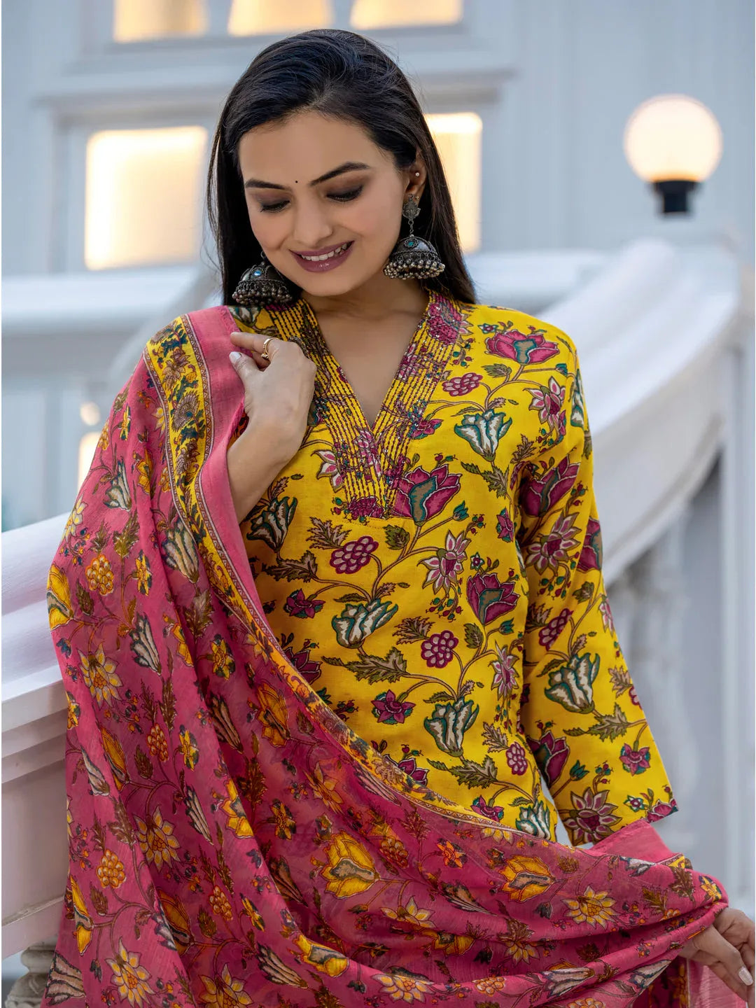 Rayon Printed Kurti Pant Dupatta Set with Thread Work – Yellow - Evara Clothes