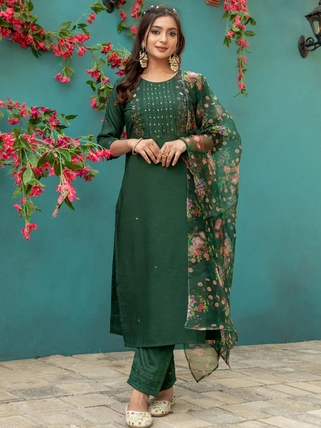 Hand Worked Silk Kurti Pant Dupatta Set for Women – Dark Green - Evara Clothes