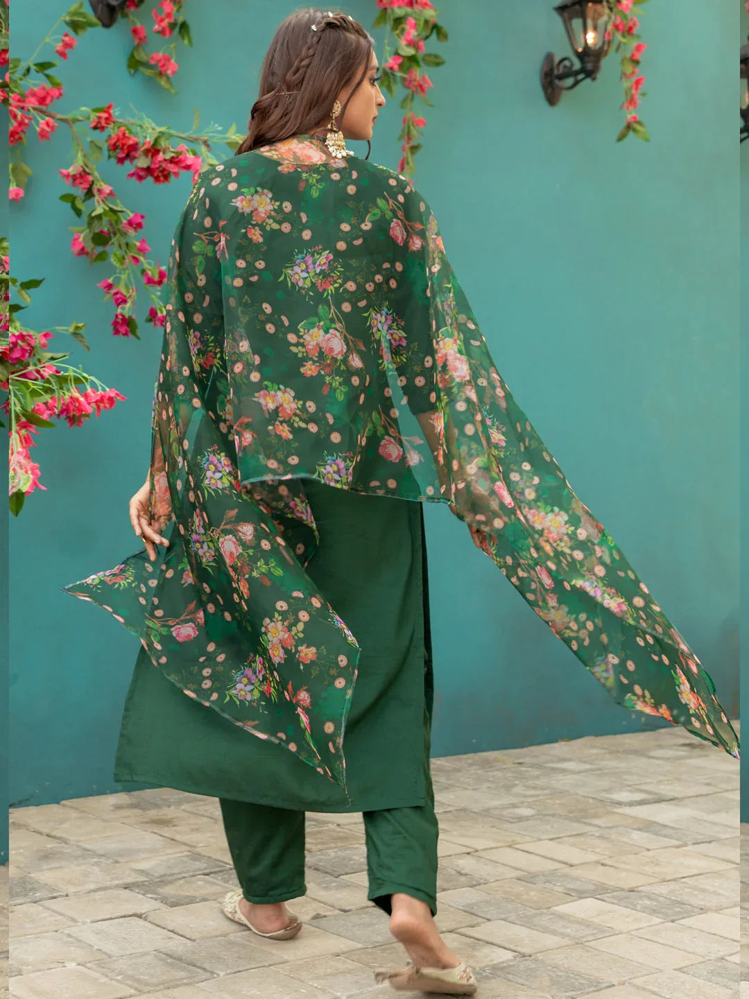 Hand Worked Silk Kurti Pant Dupatta Set for Women – Dark Green - Evara Clothes