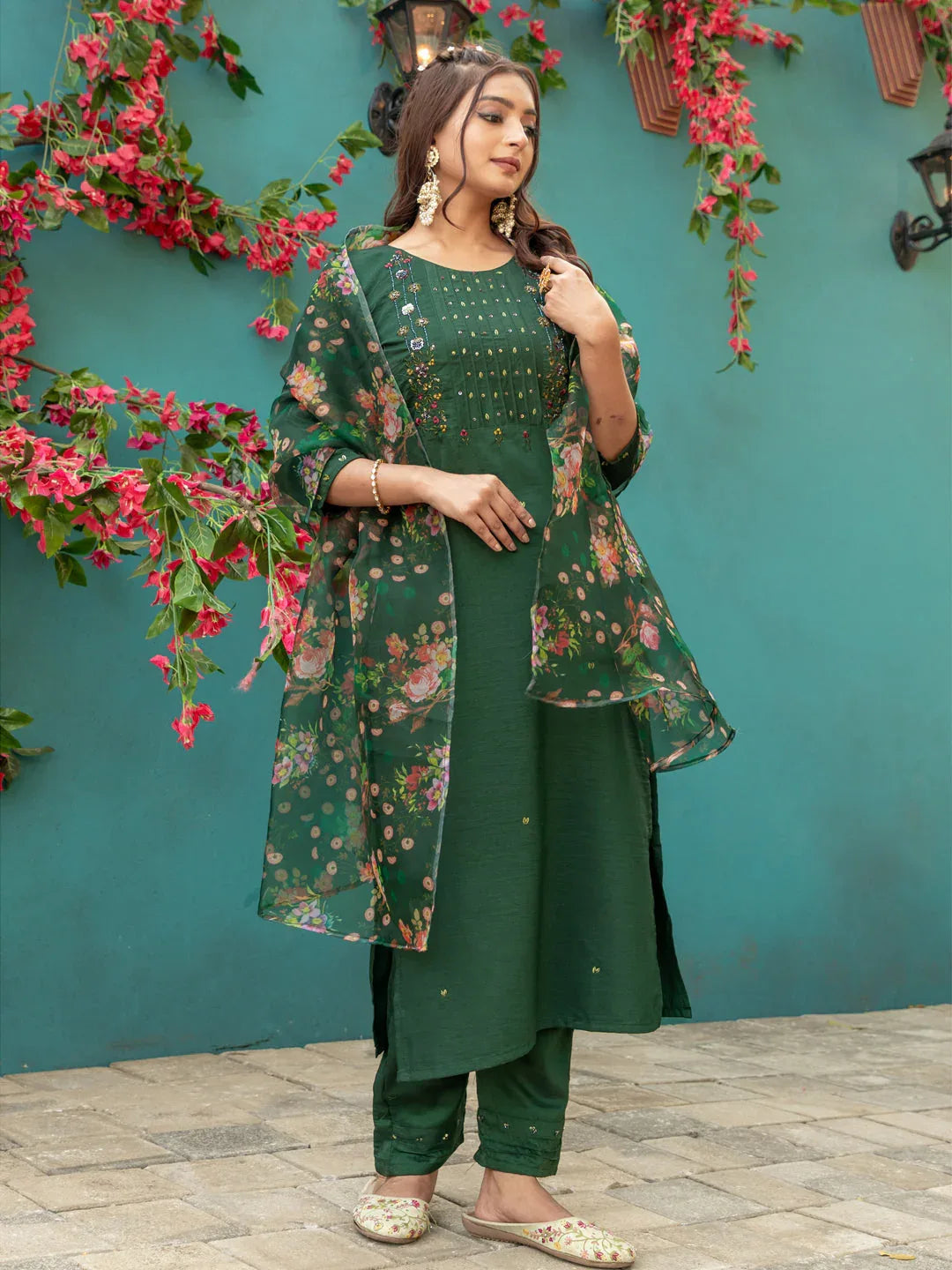 Hand Worked Silk Kurti Pant Dupatta Set for Women – Dark Green - Evara Clothes