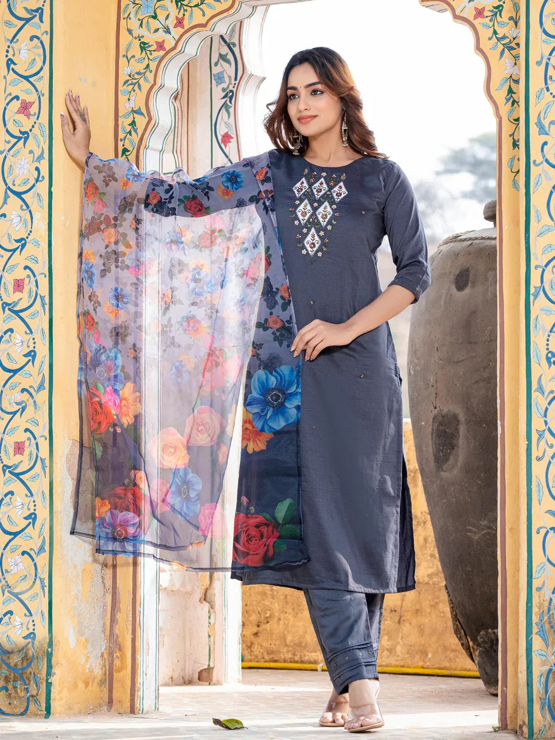 Hand Worked Silk Kurti Pant Dupatta Set for Women – Gray - Evara Clothes