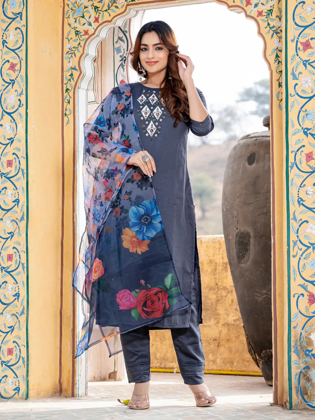 Hand Worked Silk Kurti Pant Dupatta Set for Women – Gray - Evara Clothes