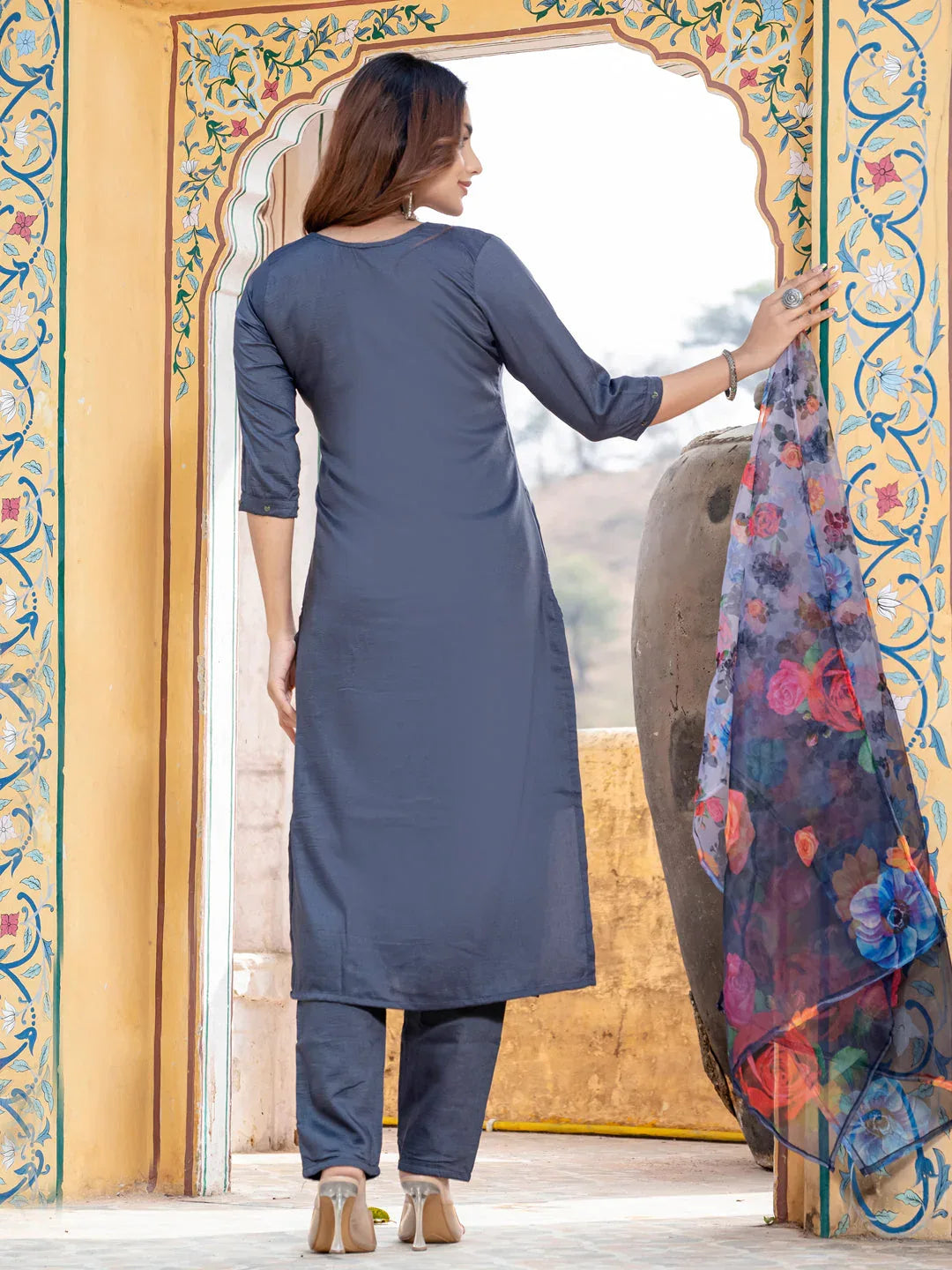 Hand Worked Silk Kurti Pant Dupatta Set for Women – Gray - Evara Clothes