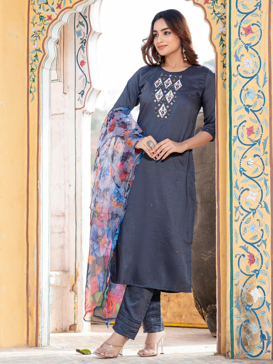 Hand Worked Silk Kurti Pant Dupatta Set for Women – Gray - Evara Clothes